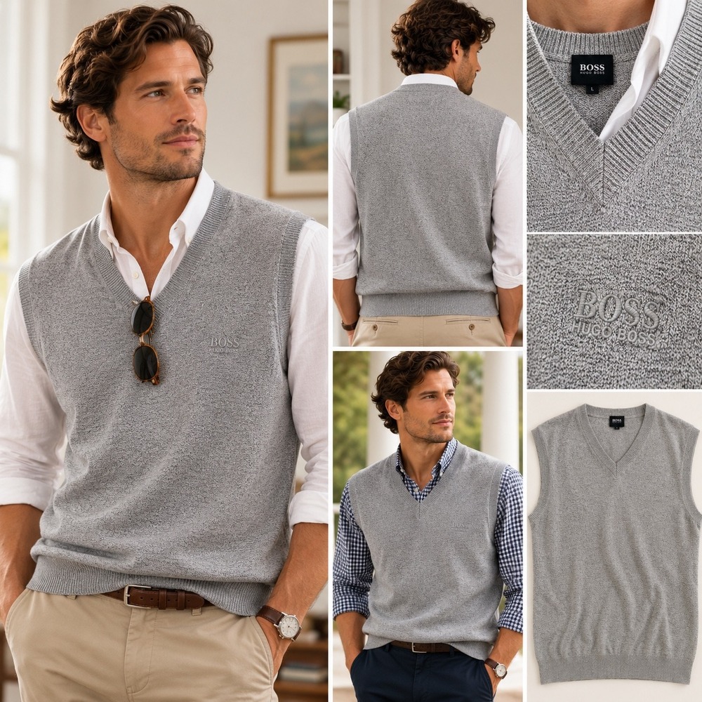 Hugo Boss Sweater Vest Gray V Neck L Preppy Golf Quiet Luxury Mens Knit